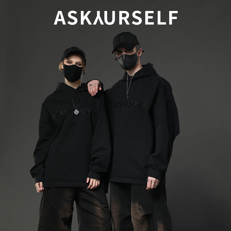 ASKYURSELF暗夜飞行卫衣logo刺绣黑色男女同款连帽卫衣