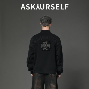 ASKYURSELF黑色机车重磅卫衣十字梵文logo拉链开衫外套