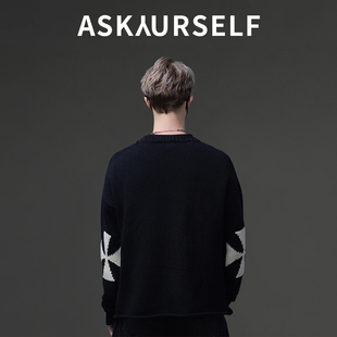 ASKYURSELF十字卷边针织圆领毛衣 男女同款 黑色