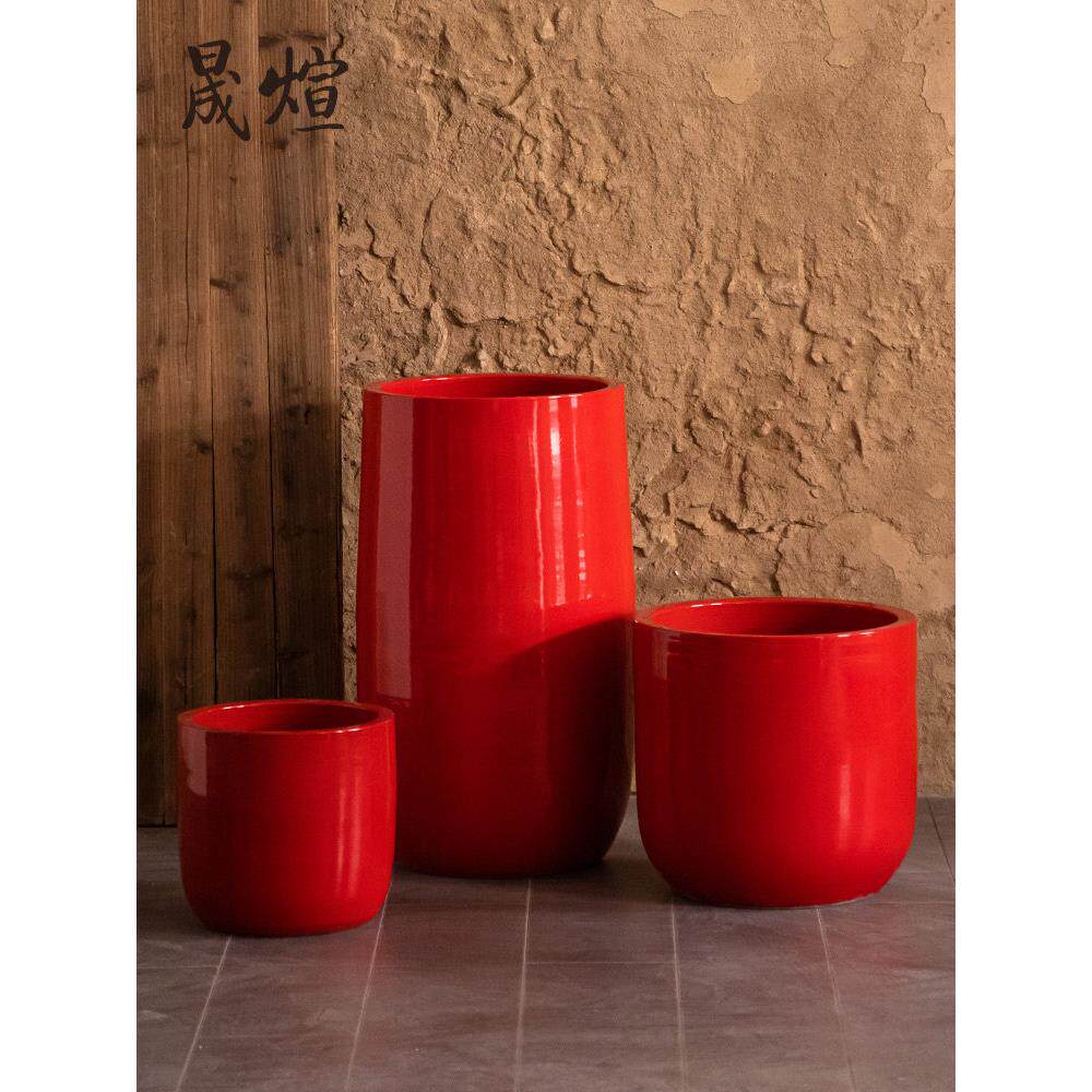 景德镇大红色陶瓷花盆喜庆个性创意中国红装饰摆件大口径绿植花盆