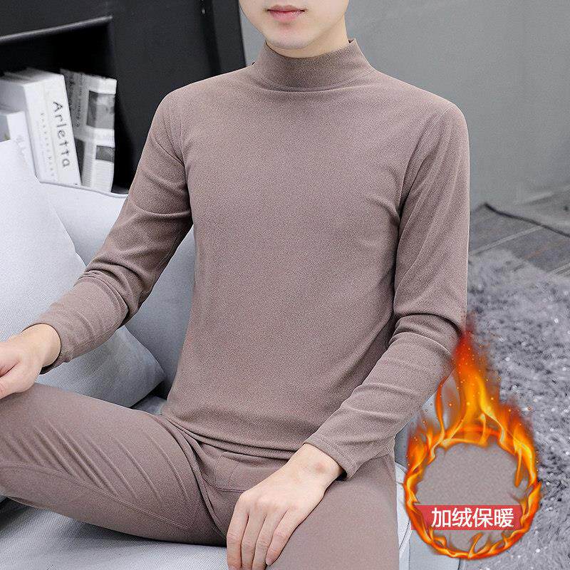 德绒保暖内衣男士半高领秋衣秋裤套装青少年发热打底棉毛衫中领男
