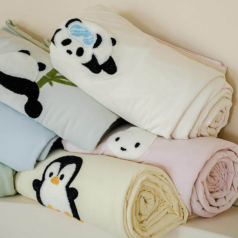 ins风卡通夏季冰卡凉感丝夏被熊猫 可爱毛巾绣夏凉被冰丝空调被