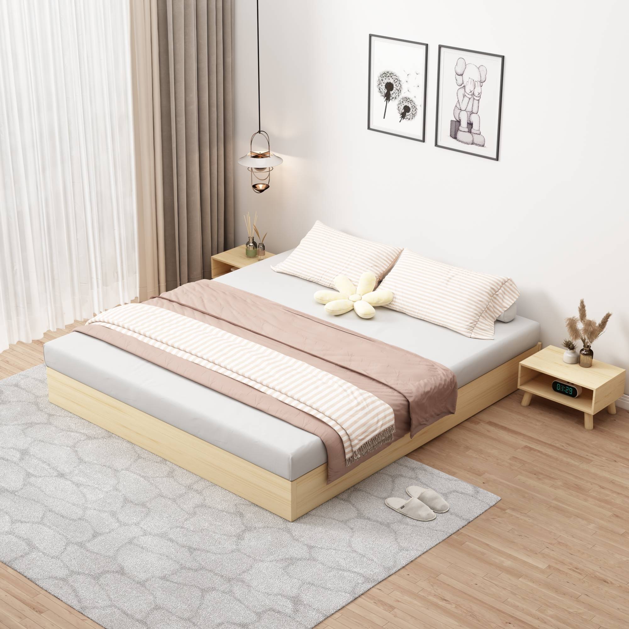 W6榻榻米床架子落地排骨架床出租房用实木床地台矮床全尺寸实木定