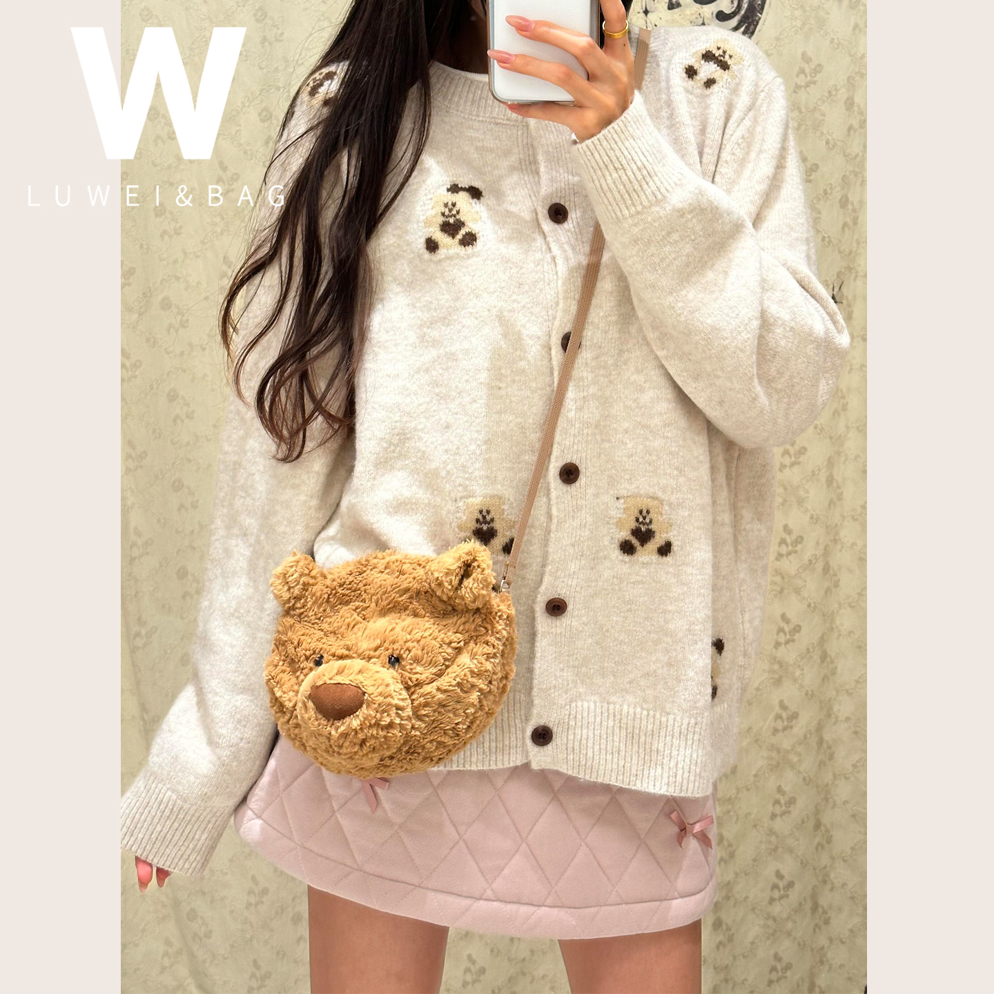 趣味巴塞罗熊包包毛绒熊头斜挎包