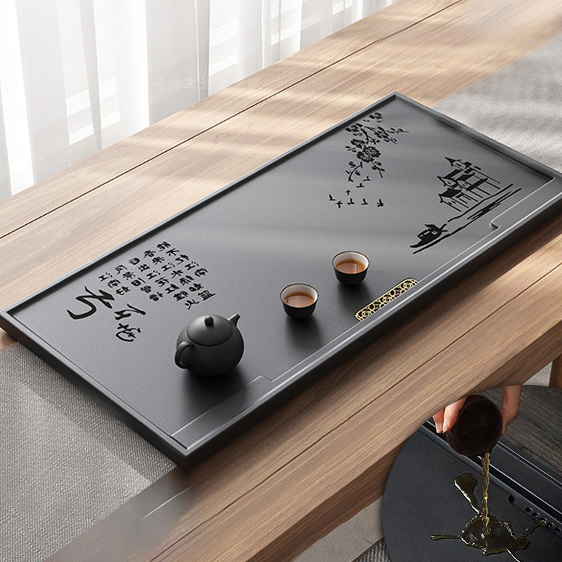乌金石茶盘客厅办公室功夫石头茶盘茶海一体排水嵌入式茶台茶具