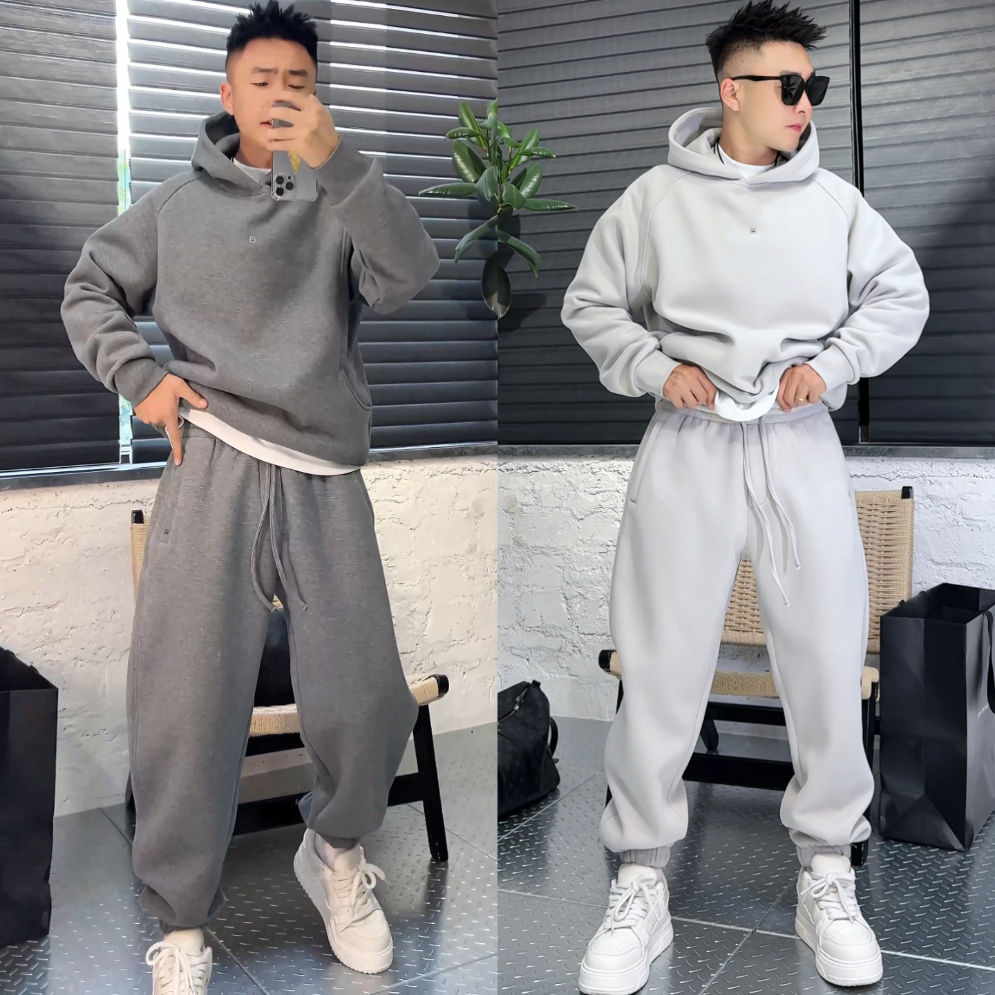 加绒加厚连帽卫衣束脚裤套装秋季新款男士重磅保暖潮流运动两件套