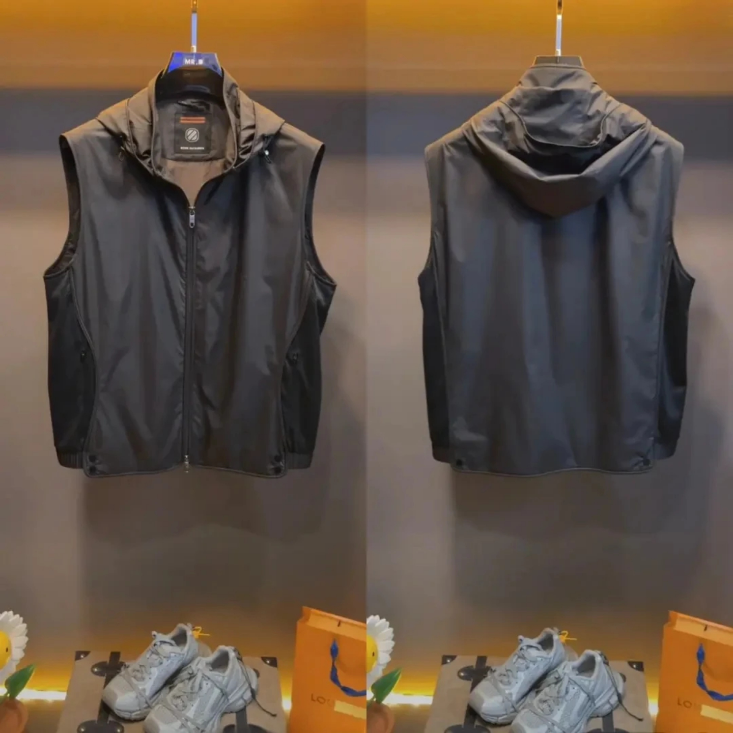 加贝洋轻奢风黑色连帽马甲男士百搭经典拉链商务休闲无袖马甲外套