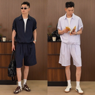加贝洋男士休闲日常百搭套装夏季新品个性条纹简约小众假两件套装
