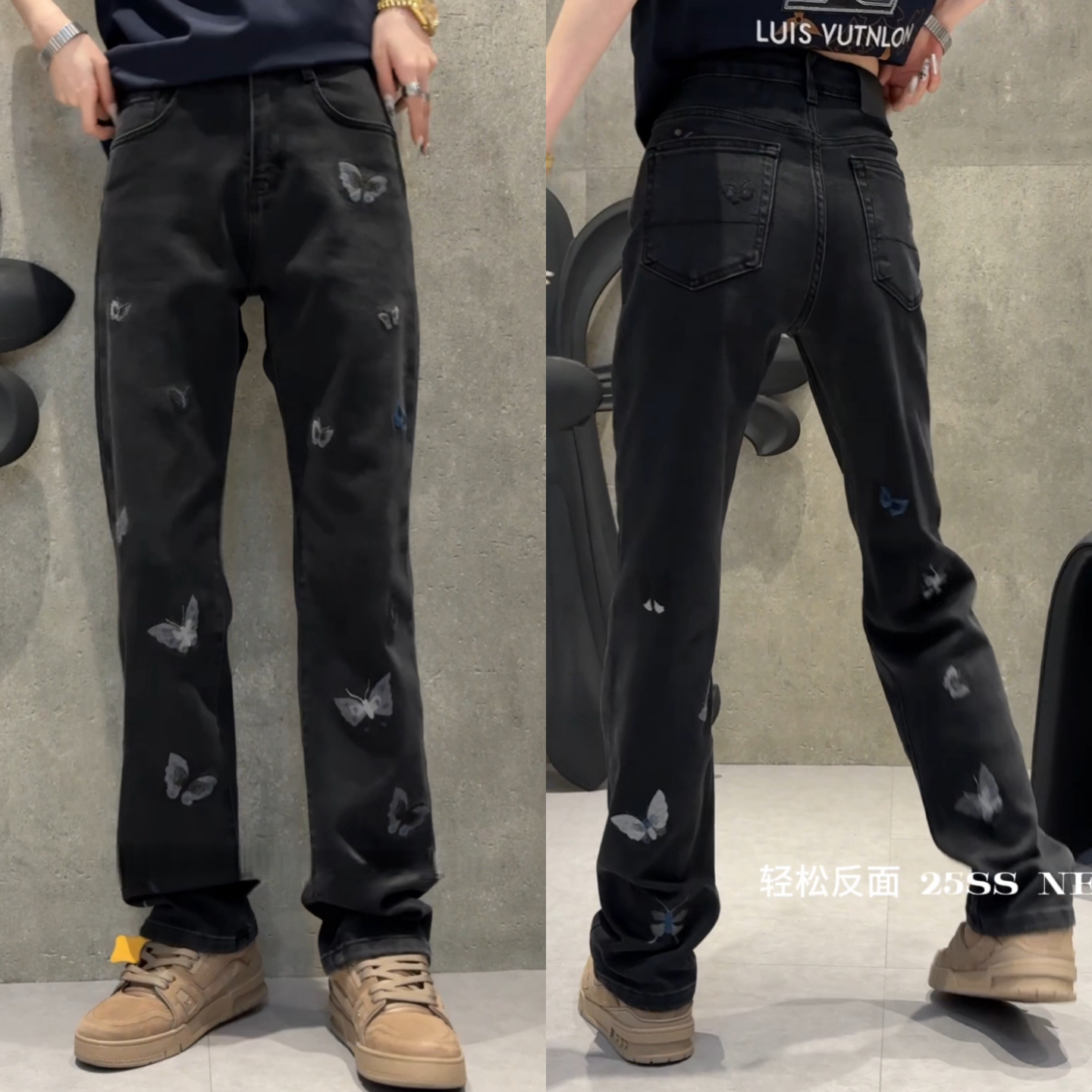 冬季美式风黑色蝴蝶刺绣牛仔裤男士重磅直筒长裤潮牌高级感休闲裤