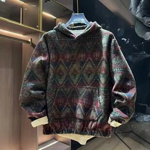 秋冬国潮民族风提花卫衣连帽男款上衣外套痞帅复古男生穿搭高级感