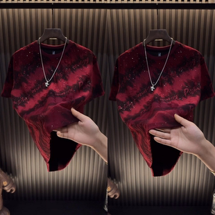 新年爆款高街风满天星短袖T恤冬季男士潮流轻奢破洞渐变打底上衣