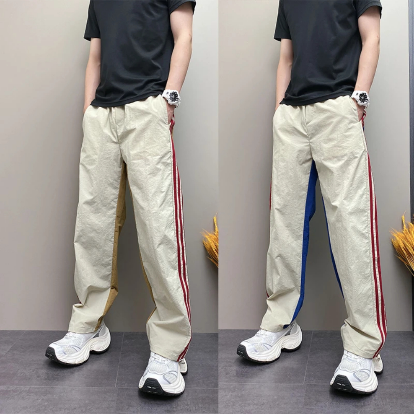 加贝洋2026春季新款撞色条纹拼接直筒裤男款青春潮流宽松休闲长裤