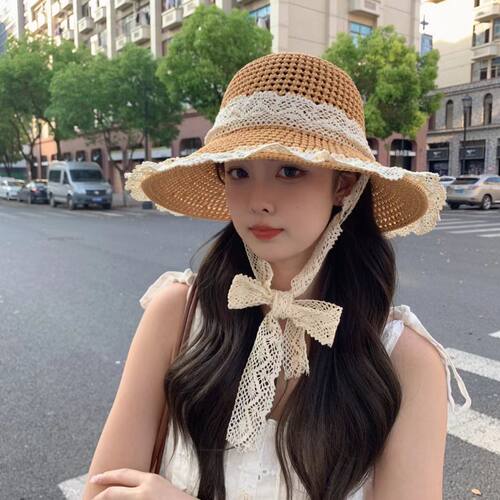 草帽海边ins防晒系带蕾丝帽网眼