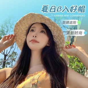 批發 帽子沙灘度假防曬帽檐時尚 漁夫帽法式 蕾絲海邊草帽遮陽夏季