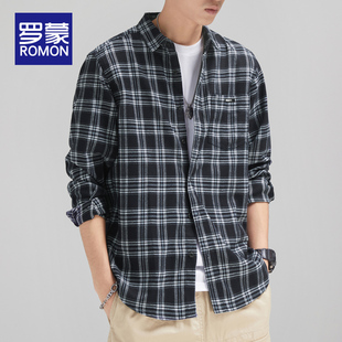 罗蒙2025新款春秋季美式印花格子长袖衬衫宽松衬衣男士休闲外套男