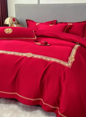 简约字刺四婚庆件套绣大红色结婚陪嫁被套床喜单新婚喜嫁ZG-73061
