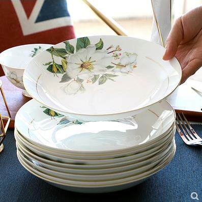 骨瓷盘子菜家用圆田8英寸饭盘深盘园IYQ欧式陶瓷餐盘具6个套装型