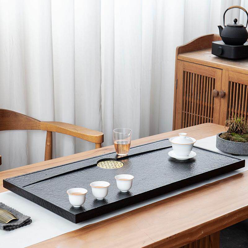 天然乌金石茶盘块整石材简约EMM家用中式石茶台大小头号茶海茶具