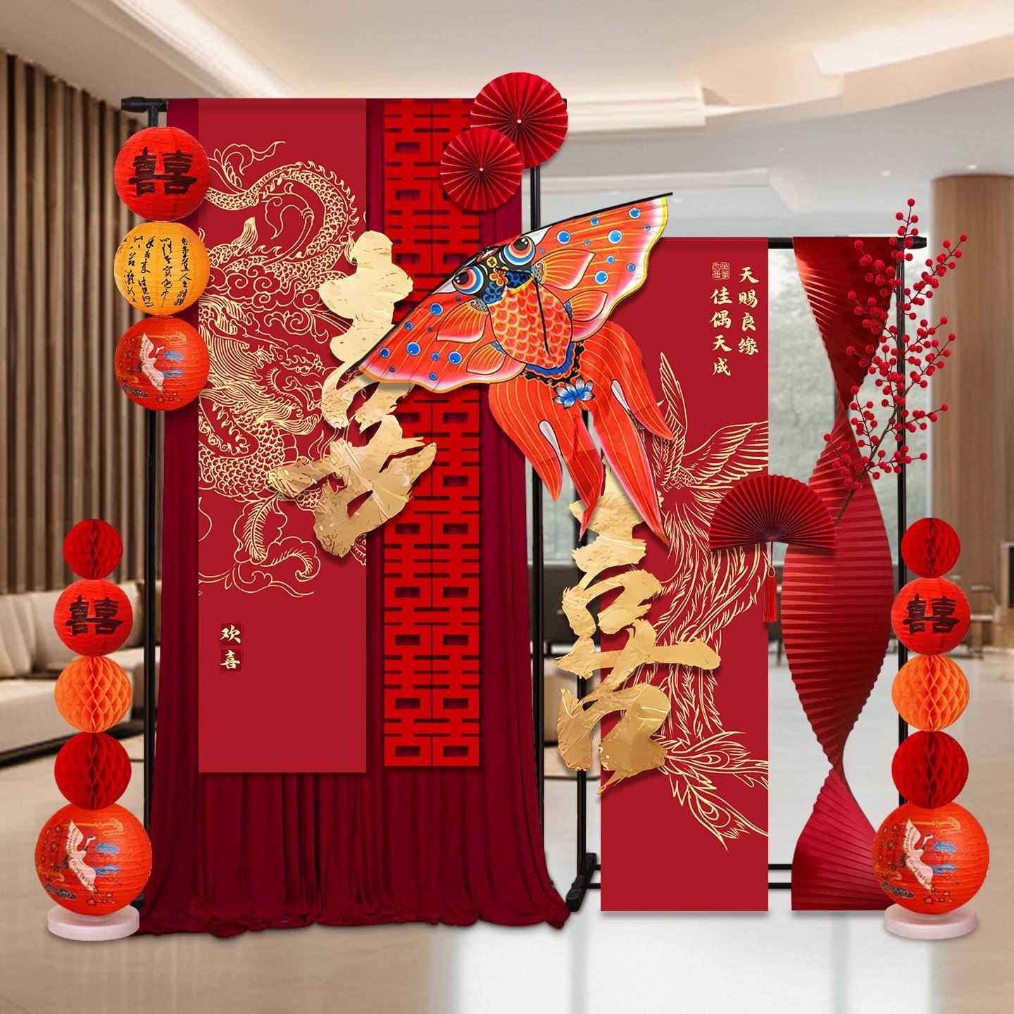 婚LMHFBMTZ房布置中式条幅道新房客厅布置幔支架新娘晨袍拍布照具图片