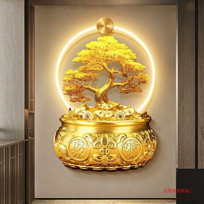 轻奢发财树玄关装饰画高档立体进门正对墙带灯挂画入户走廊过道画图片