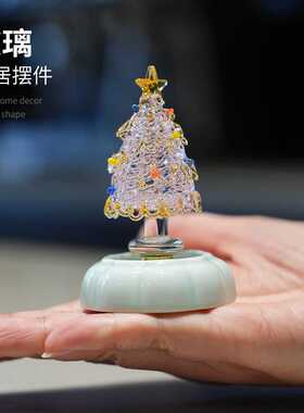 创意圣诞树转转摆件景德镇陶瓷旋转动物装饰摆件玻璃工艺品