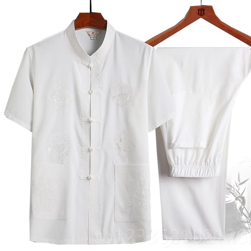 正品中老年人夏季套唐装男短袖衬衫爸爸大码绣晨练服爷装爷汉服刺