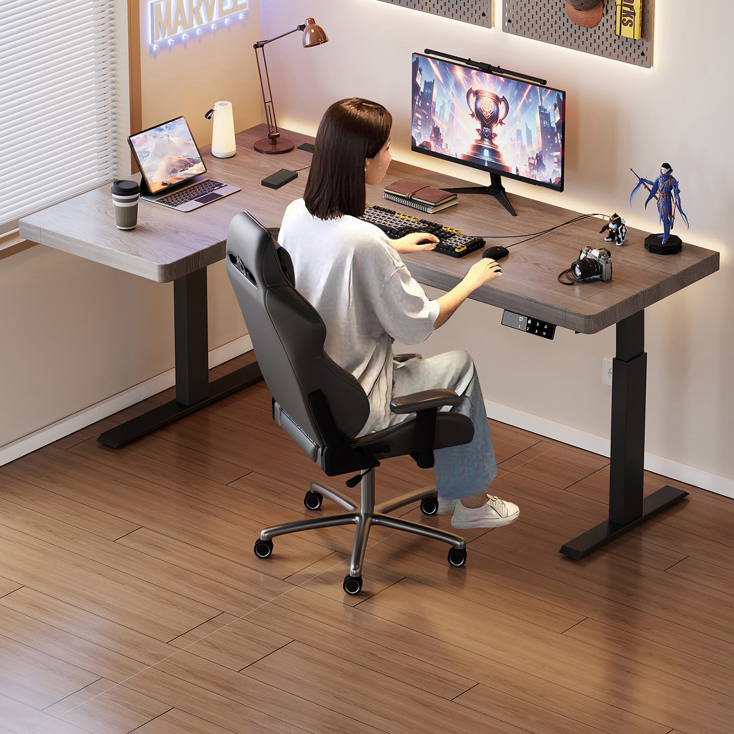 实木转角电动升降桌卧室电脑桌小户型工作台家用电竞桌学生学习桌