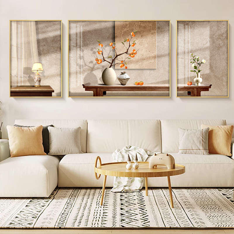 新中式柿柿如意客厅装饰画沙发背景墙三联挂画高档好寓意套装壁画
