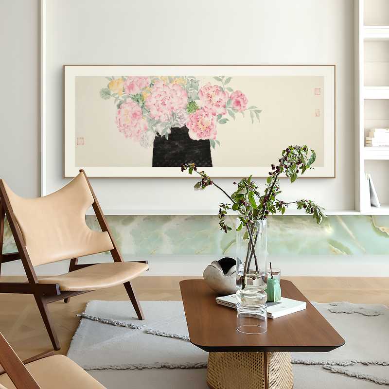 新中式牡丹花装饰画法式中古风玄关沙发背景墙卧室床头花卉挂画图片