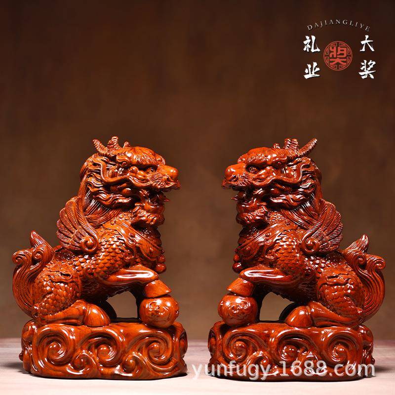 实木雕麒麟摆件花梨木摆件办公室客厅摆件装饰工艺品开业送礼