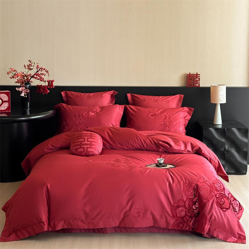 全棉高级感140支长绒棉刺绣结婚床上用品四件套纯棉陪嫁床单被罩