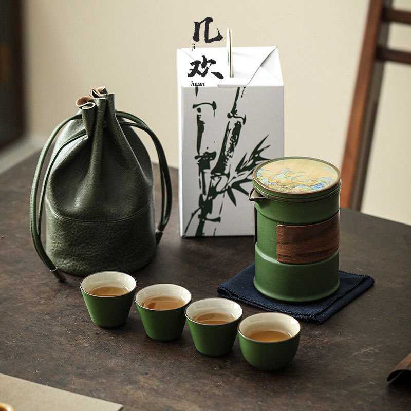 几欢文创竹节旅行茶具套装陶瓷快客杯一壶四杯家用户外便携式喝茶