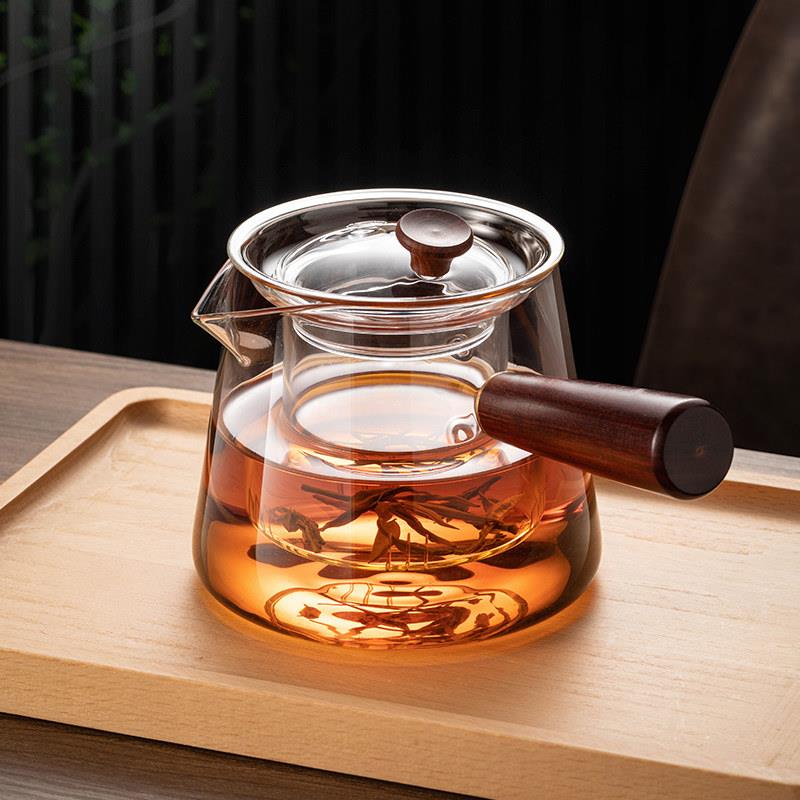 2025新款高硼硅玻璃泡茶壶加厚耐高温侧把壶围炉煮茶具木把煮茶壶