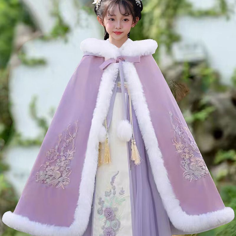 女童汉服冬季古装拜年服套装加绒加厚儿童唐装中国风斗篷连衣裙女