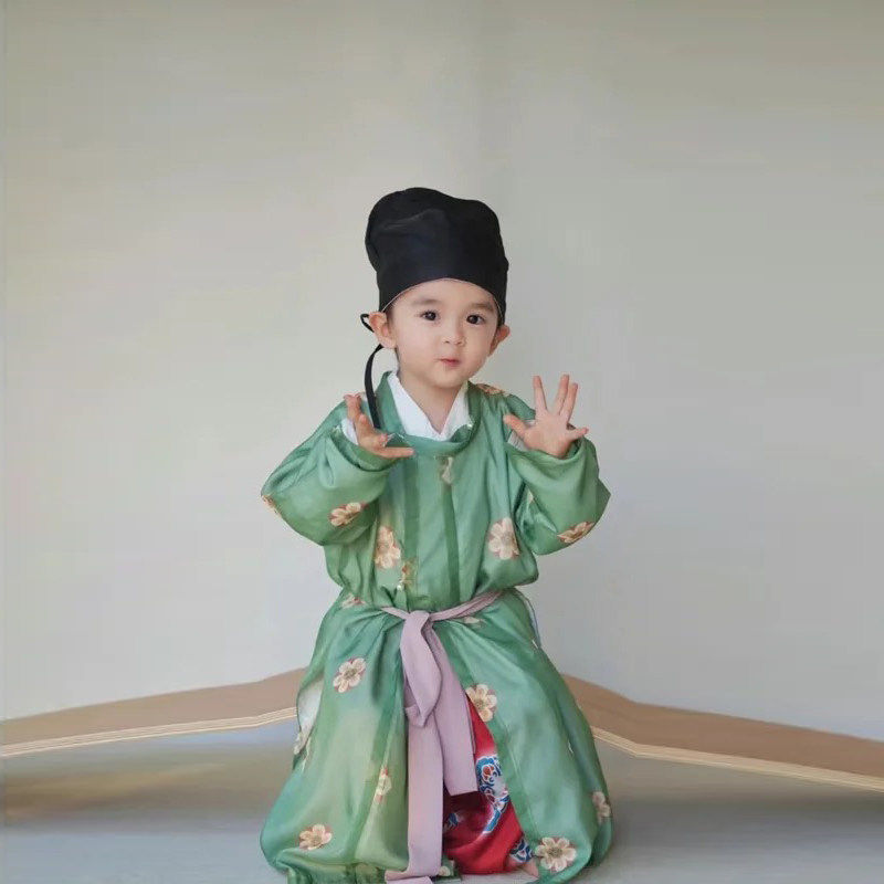 新款男童汉服中国风夏季新中式唐制古装圆领袍绿色双层薄款演出服
