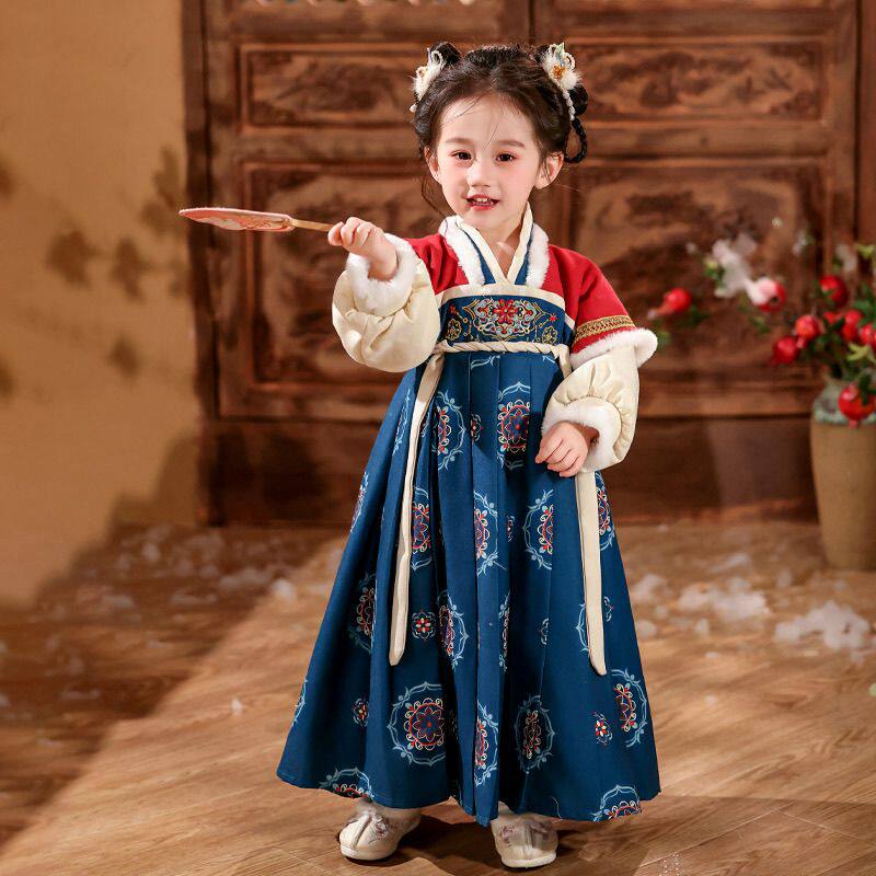 儿童汉服女童拜年服冬季加绒加厚连衣裙唐装女孩过年服古装演出服