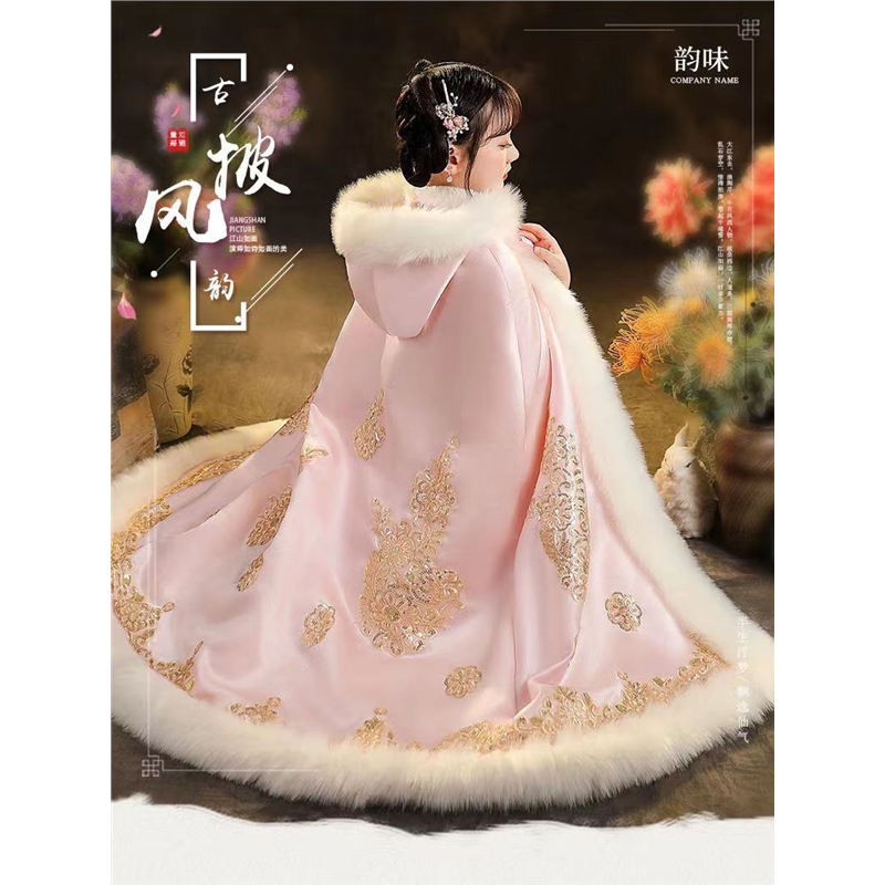汉服女童披风古装披肩外套儿童加绒宝宝拜年过年中国加厚斗篷冬季