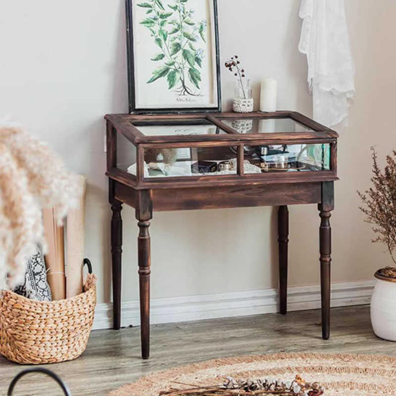 靠墙美式复古展示柜入户实木做旧首饰玻璃柜店铺饰品手办古董柜子