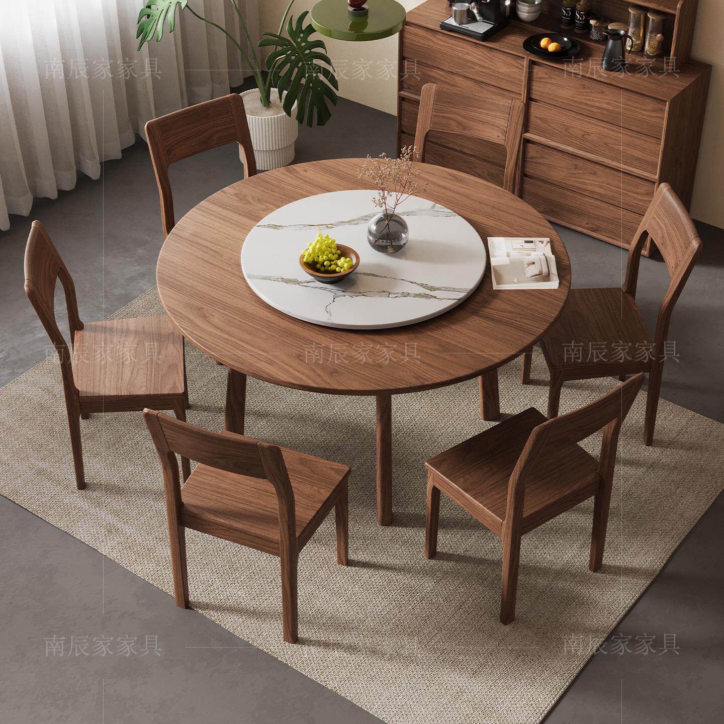 黑胡桃木圆形餐家用实木台面餐桌椅家具组合桌2025新款中古风圆桌