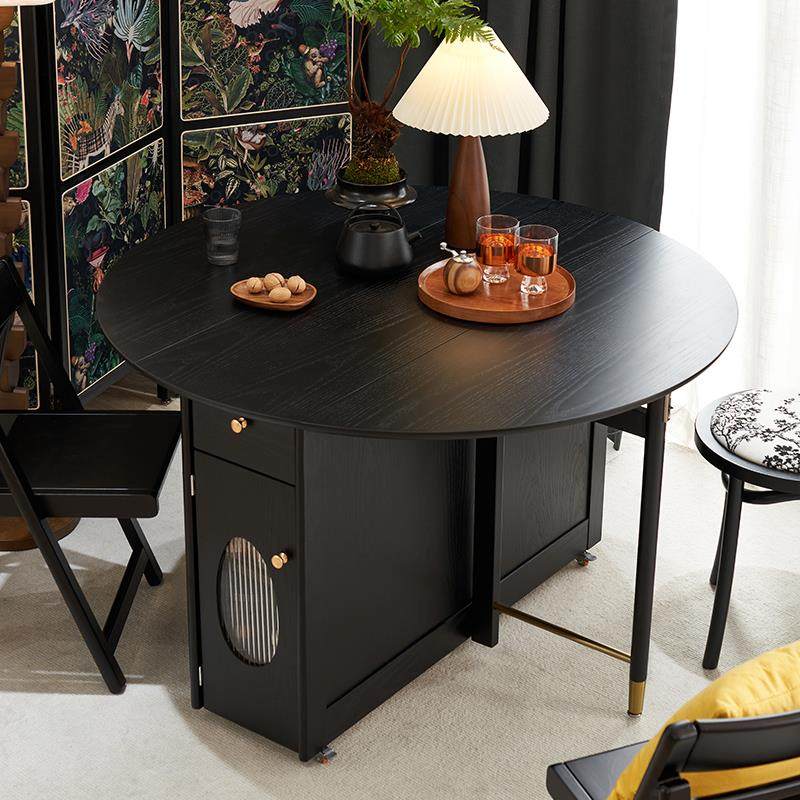 实木餐桌折叠椅子组合可变圆形饭桌可移动收纳吃饭桌子家用小户型