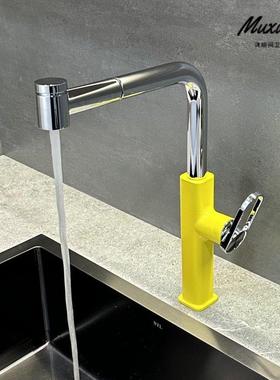 2025高端新款厨房水槽冷热水龙头亮黄色洗碗洗菜池万向抽拉龙头