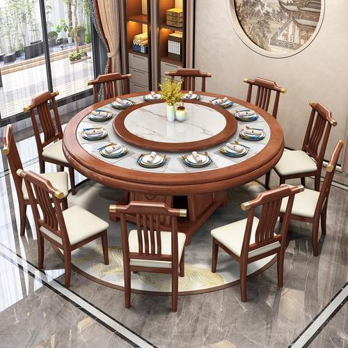 新中式全实木岩板餐桌组合酒店饭店大圆桌圆形吃饭桌子10人带转盘