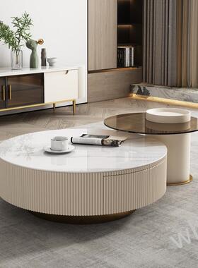 FS102轻1蕞现代奢圆形茶几IMF小户型玻璃新烤2漆白色岩板组合茶几