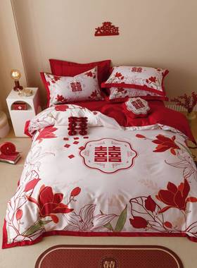 中国JL1037风红色婚四件套全棉纯棉被套1.8米2米床双大人结床单上
