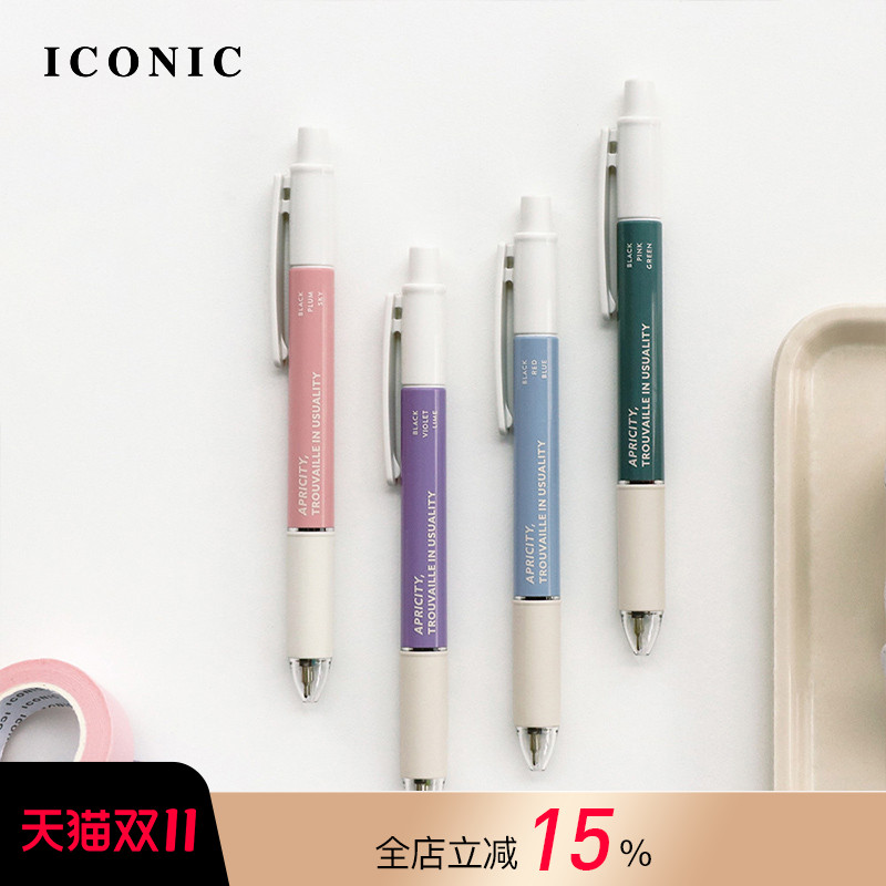 韩国ICONIC SMOOTH三色圆珠笔0.38mm笔芯旋转出芯低粘度油墨防疲劳笔握黑色笔芯+彩色笔芯书写刷题手帐制作