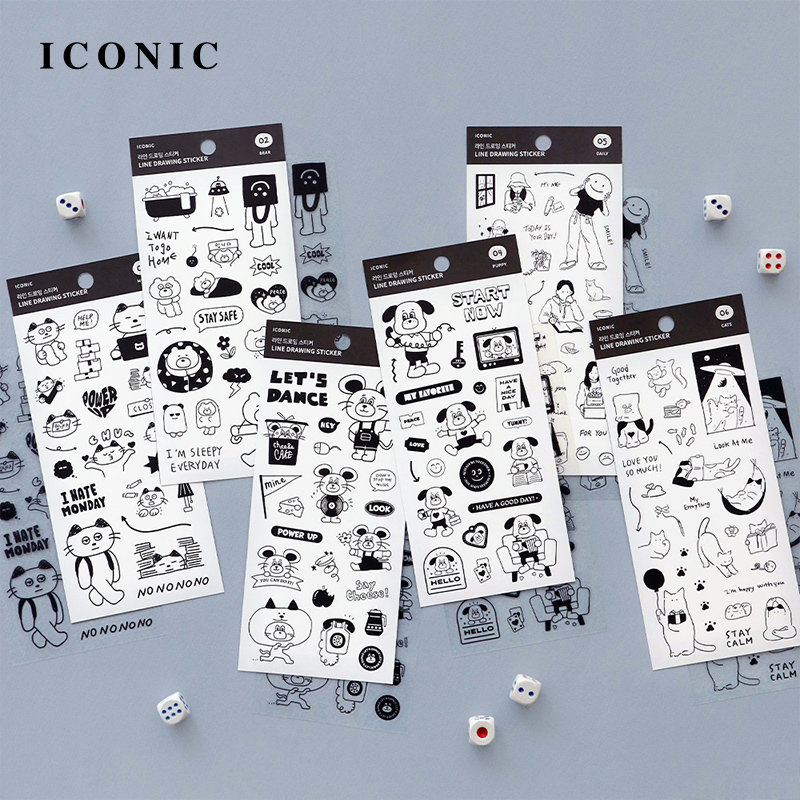 韩国ICONIC 黑色线条插画装饰贴纸套装PP/PET材质2张/套猫咪狗狗熊老鼠日常生活主题手帐手机数码杯子装饰