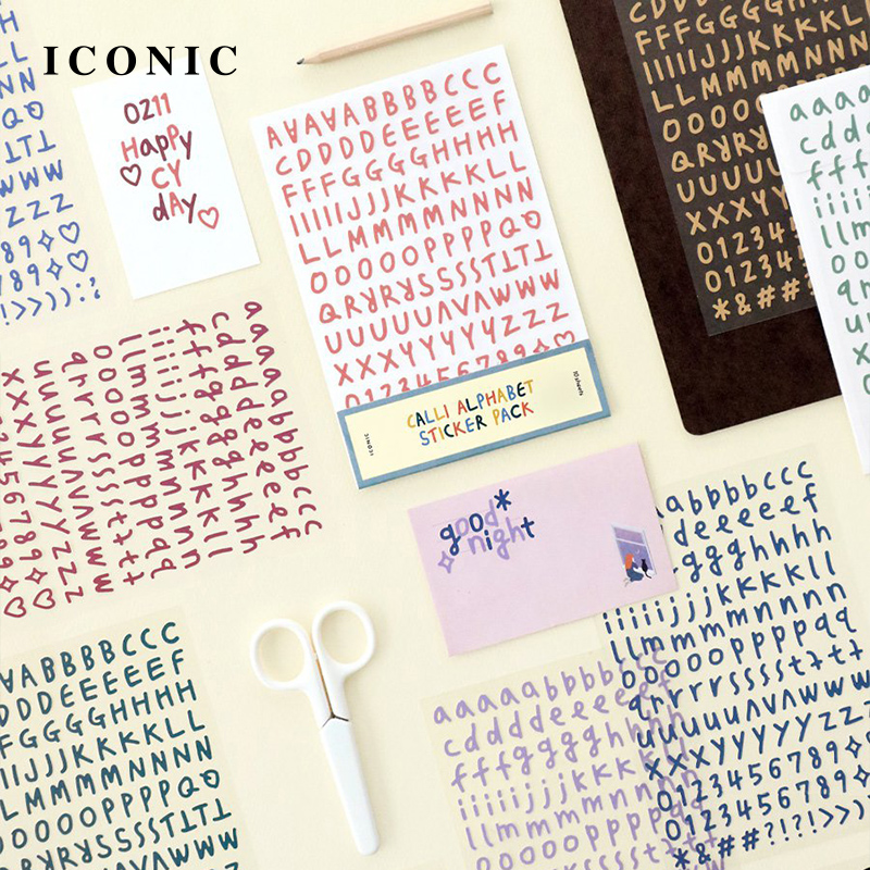 韩国ICONIC彩色艺术字体大小写字母数字符号贴纸套装10张/套PP材质手帐相册文具手工DIY可爱学生文艺青年