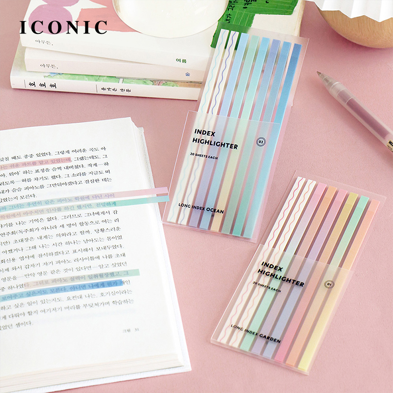 韩国ICONIC 花园/海洋色长款索引贴套装半透明材质等分线易撕设计阅读重点标记标注手帐装饰学习备考办公资料