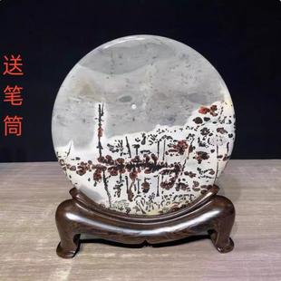 国画草花天然奇石花瓶笔筒四方柱实木底座摆件办公室玄关镇宅石头