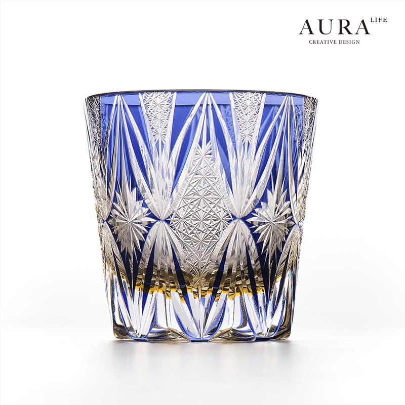 AURA'S高级感蓝绮罗小众复古威士忌酒杯手工精雕刻花水晶杯